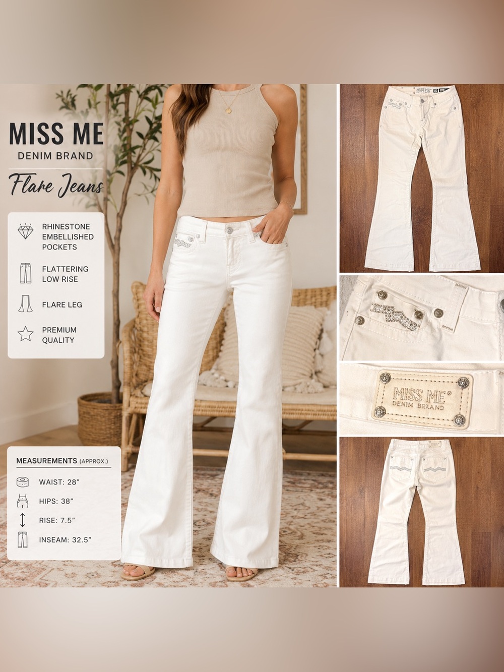 Miss Me White Flare Jeans Women’s 28 Low Rise Rhinestone Stretch Bootcut 32.5